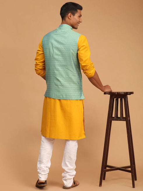Vastramay Men's Green Jacquard Nehru Jacket with Kurta Pyjama Set